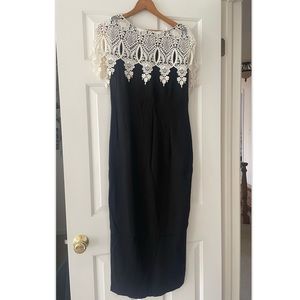Vintage 90s Jessica McClincock Crochet Detail Black Midi Dress with Slit